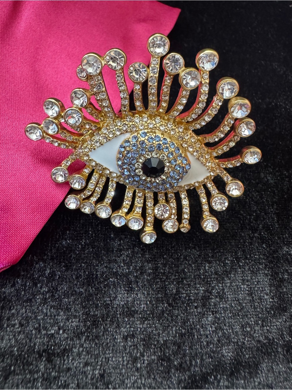 Schiaparelli inspired Gold Crystal Evil Eye ring with Black and Blue Accents